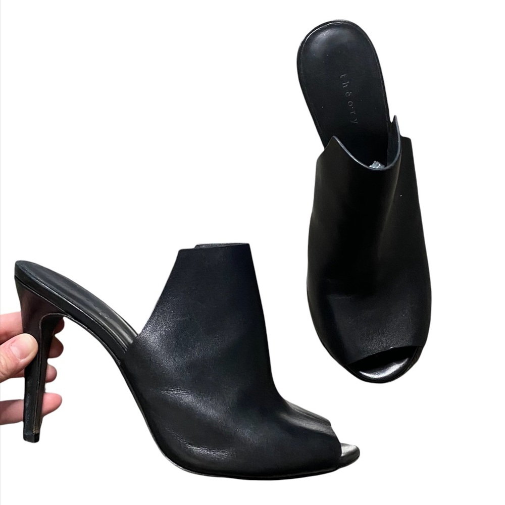 Theory | Black Leather Open-Toe Mule Heels
